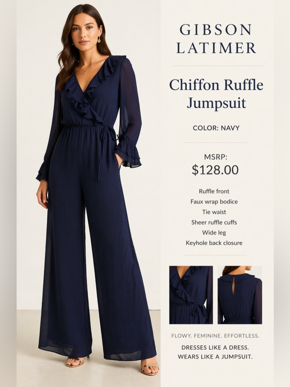 Gibson Latimer Navy Chiffon Ruffle Jumpsuit Wide Leg Faux Wrap Boho Size M